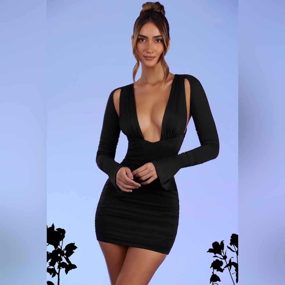 Low Plunge Ruched Mini Dress